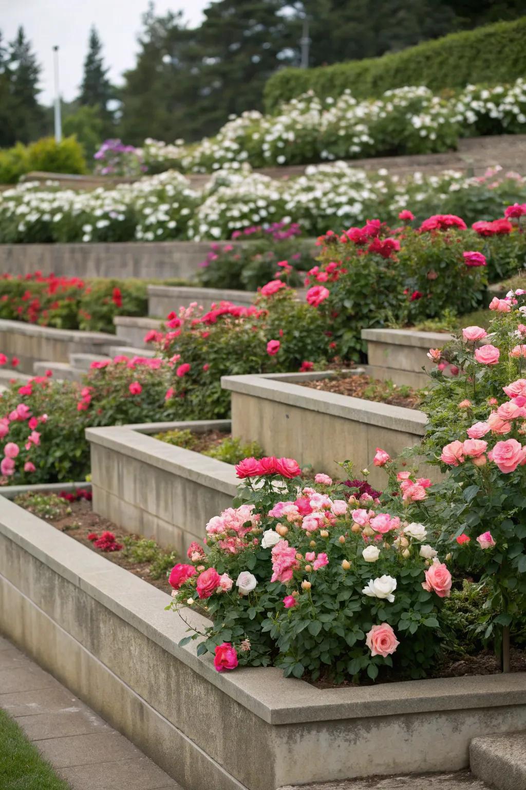 Terraced beds with knockout roses add depth to the landscape.