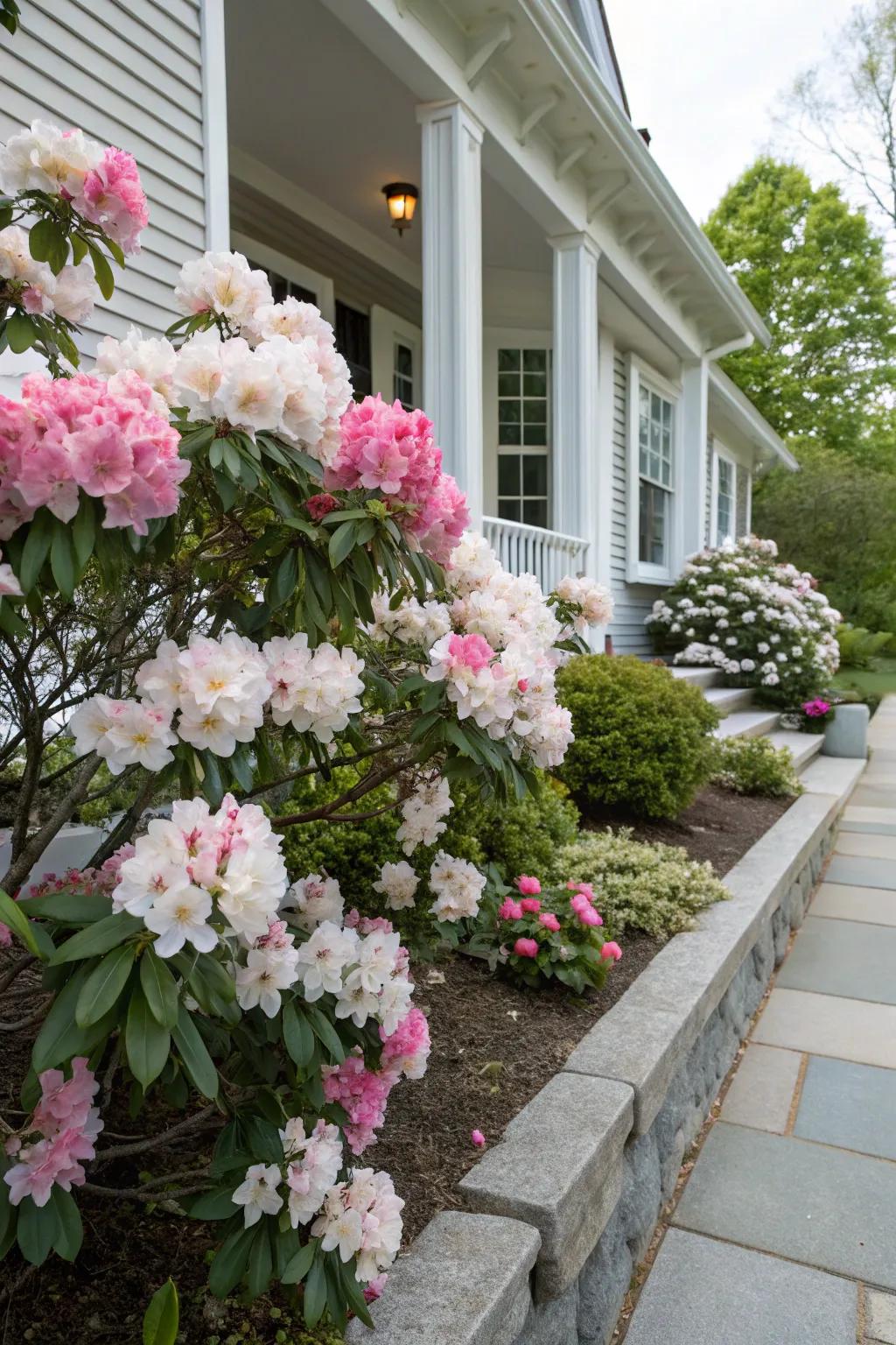 Rhododendrons enriching a home&rsquo;s foundational aesthetics.