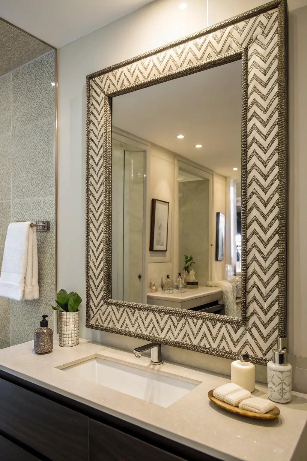 Chevron patterns introduce a refined geometric touch to bathroom mirrors.