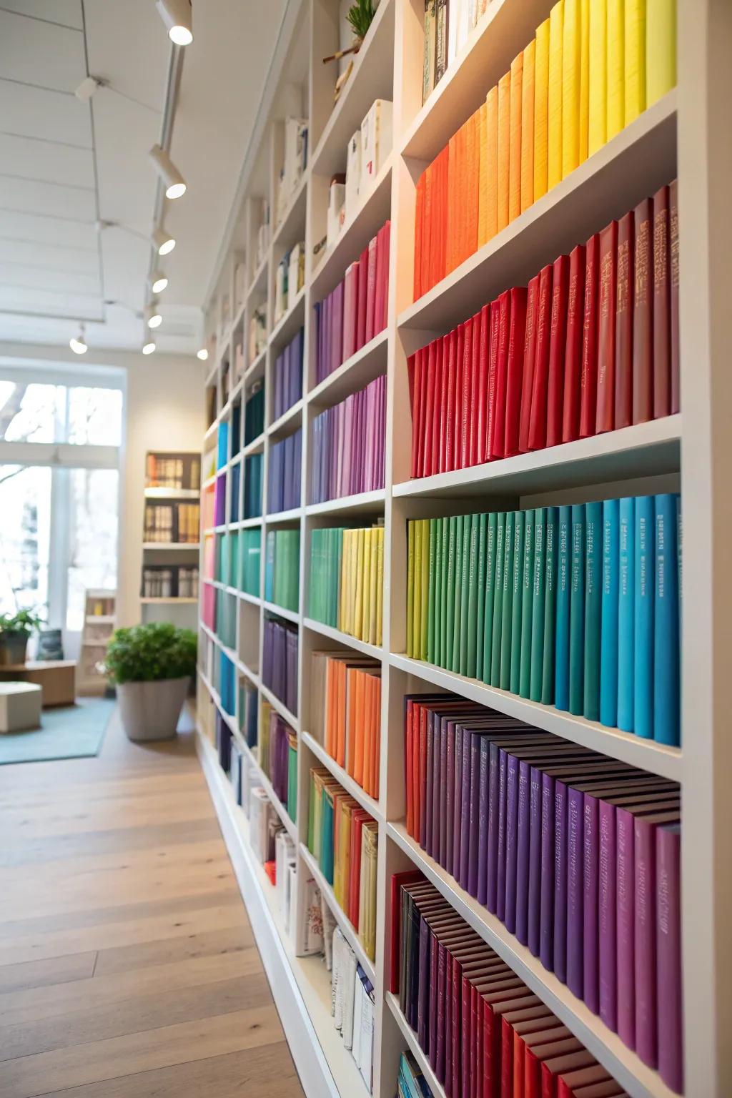 Color-coded books turn this bookshelf into a striking visual statement.