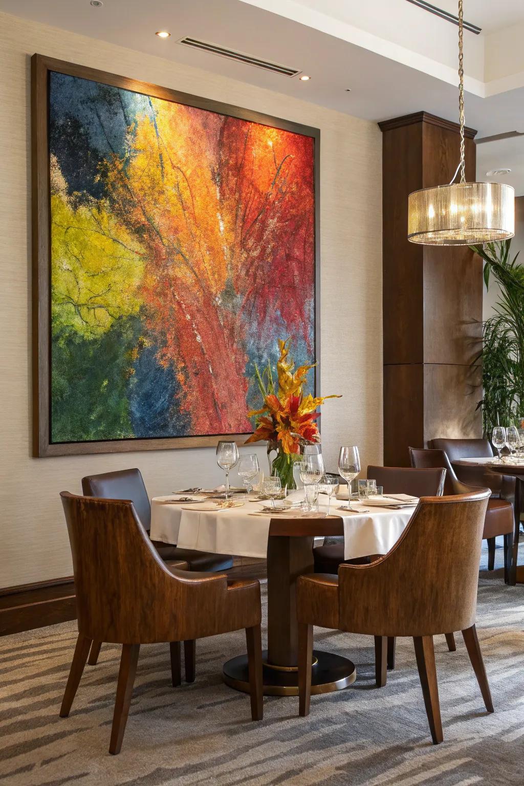 A textured, colorful painting enlivens the dining space with its dynamic energy.