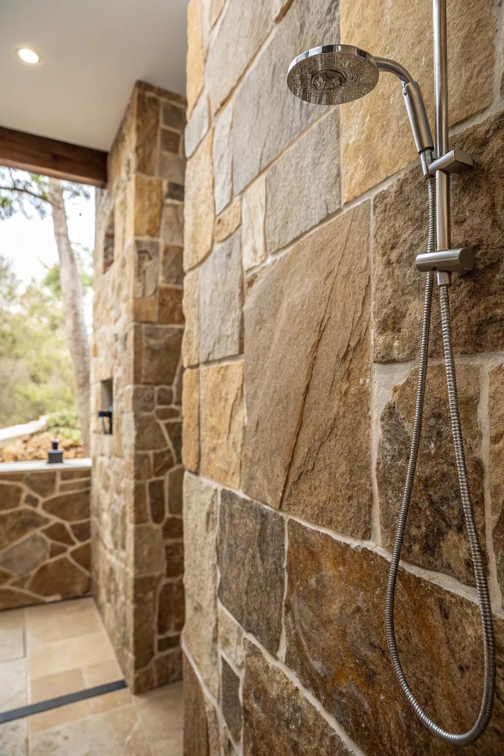 Inherent rock textures contribute a timeless touch to contemporary showers.