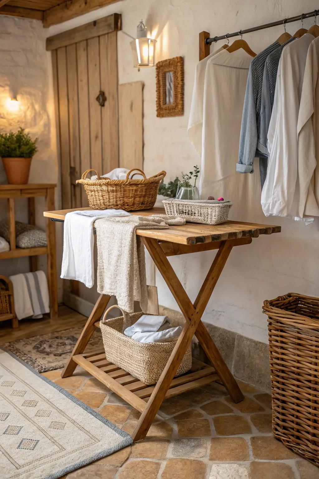A rustic folding table fills the laundry space with warmth.