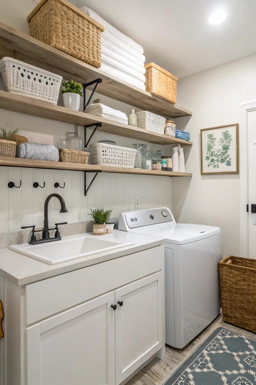 Open shelving balances usefulness with opportunities for decor display.