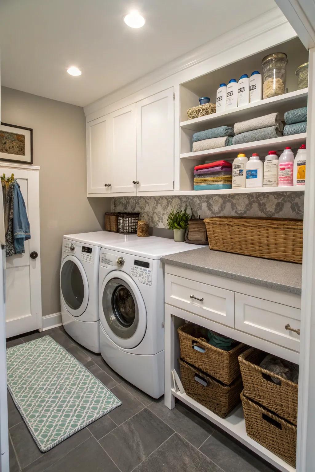 A well-organized compact layout in a small laundry room.