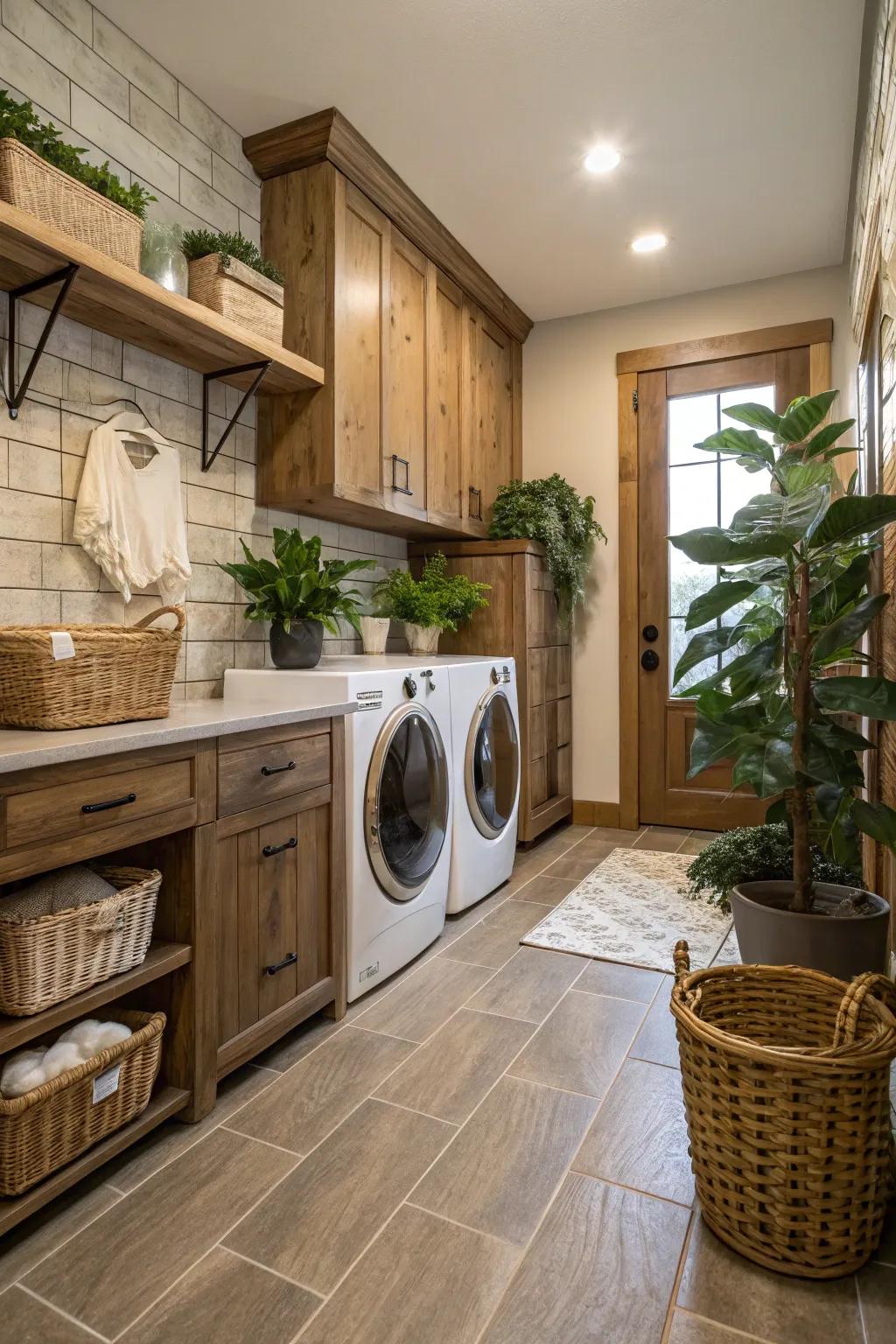 Natural elements bring a cozy, earthy feel to the laundry room.