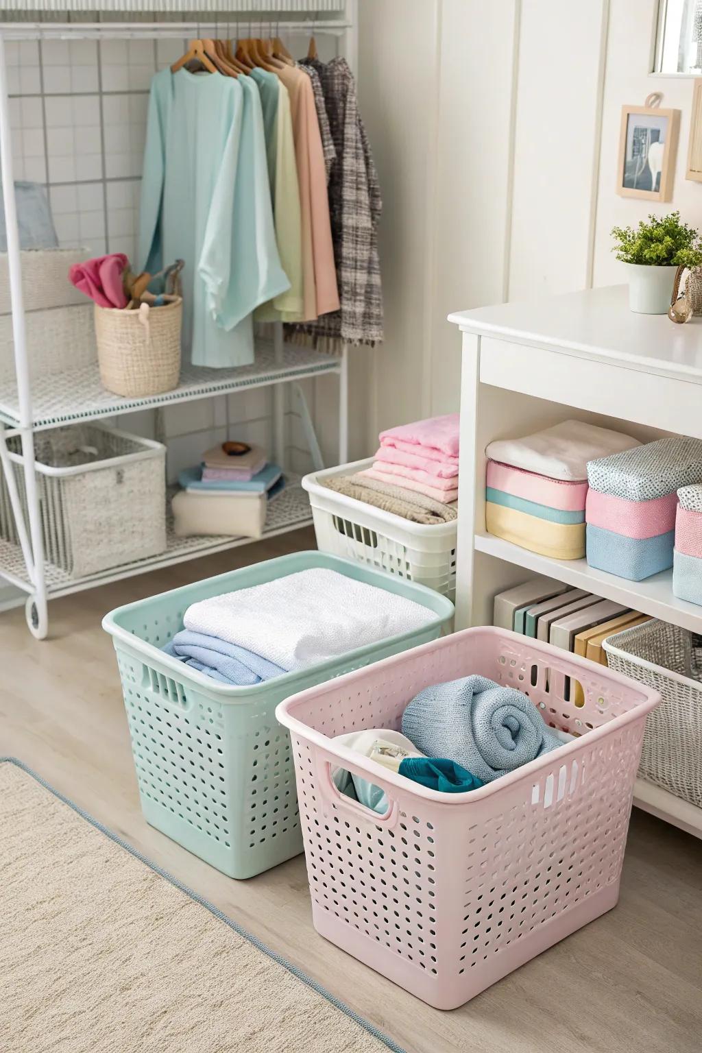 Sorting laundry is a breeze with attractive baskets and bins.