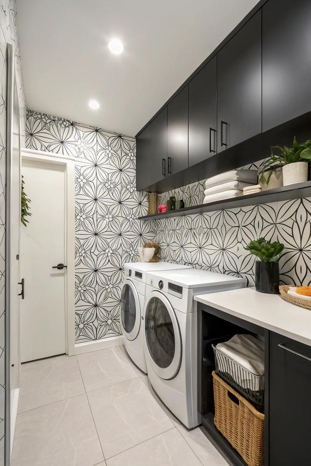 Monochrome wallpaper adds a touch of elegance and sophistication.