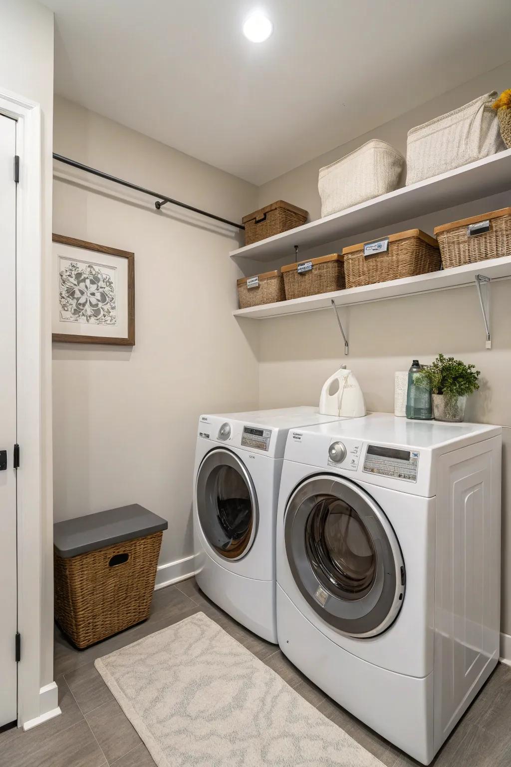 Neutral shades fashion a tranquil and welcoming laundry area.