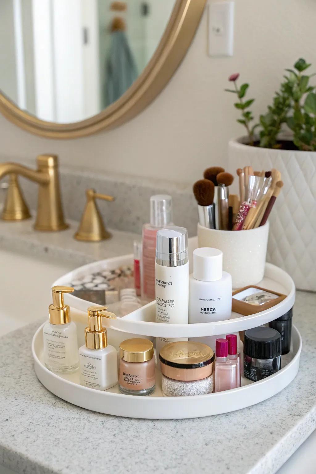 Organize your bathroom essentials with a stylish turntable organizer.