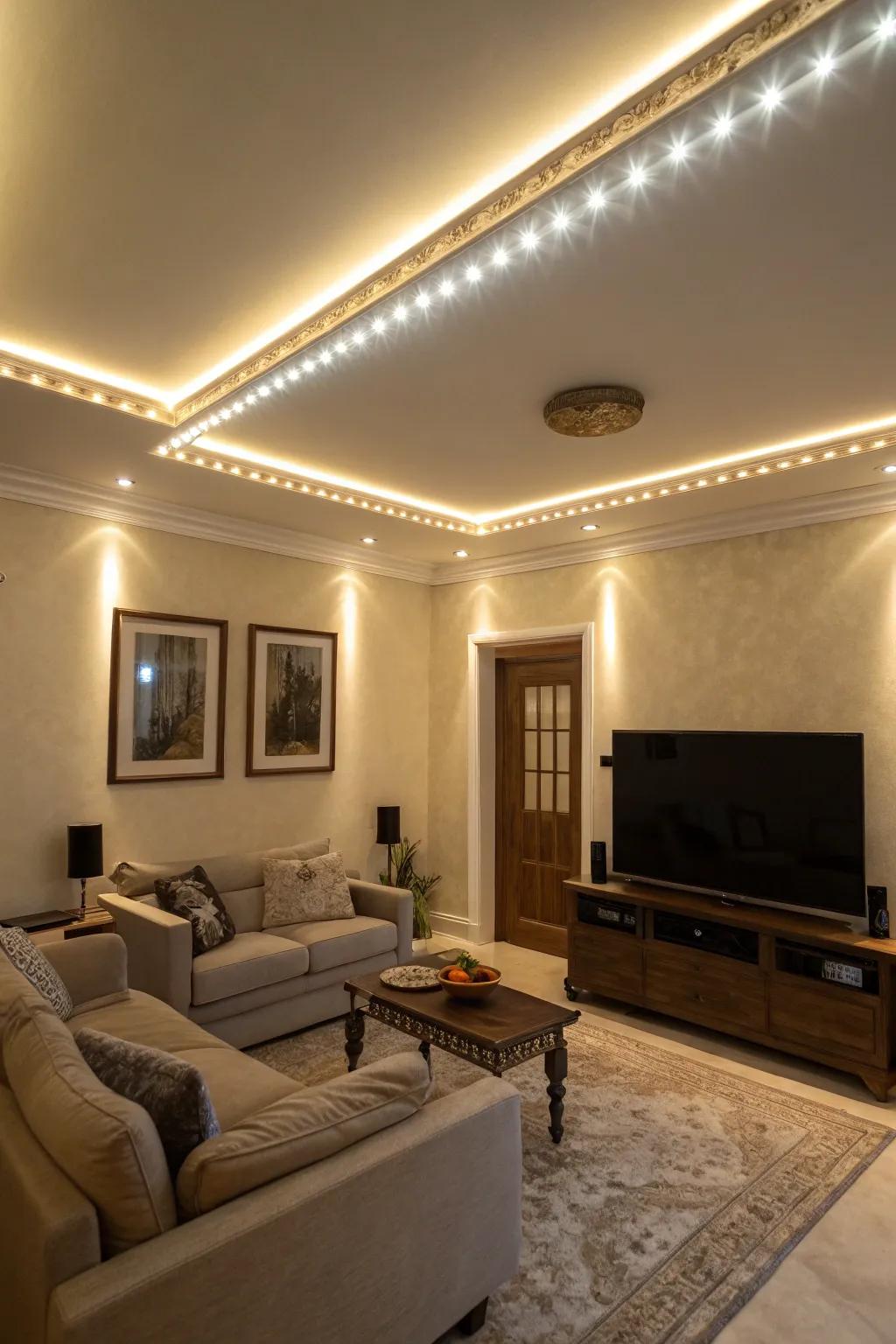 Enhance the depth of your living area using ceiling LED highlights.