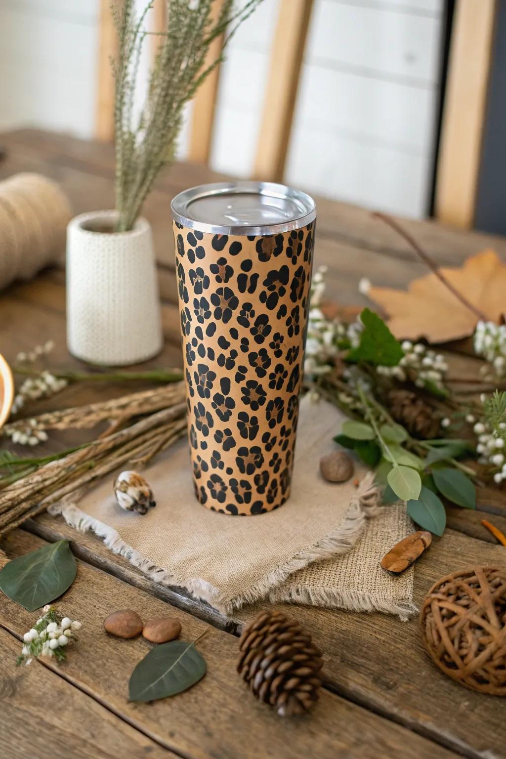 Embrace down-to-earth appeal with a leopard print cup in an organic setting.