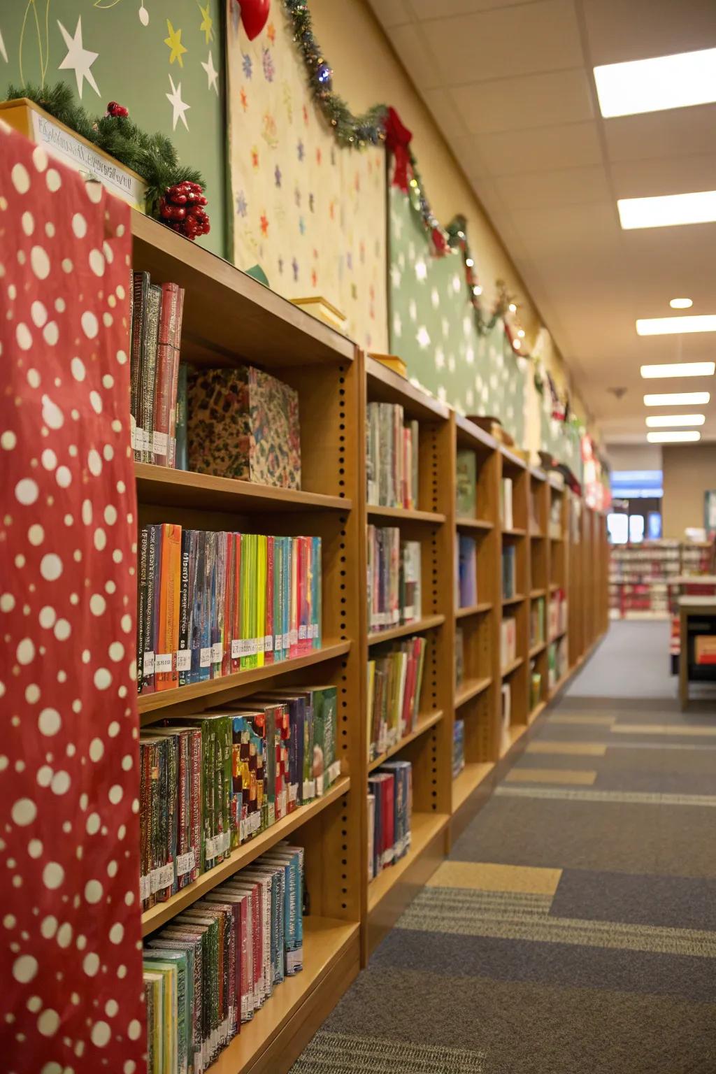 Brighten your library with vividly hued wrapping paper backdrops.