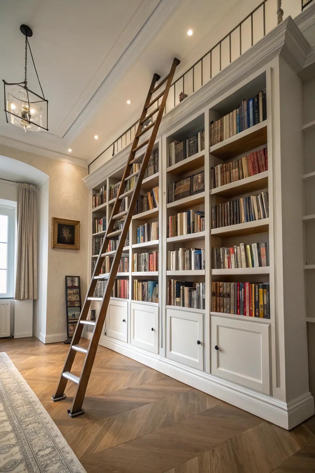 An attractive library ladder for easy access to upper shelves.