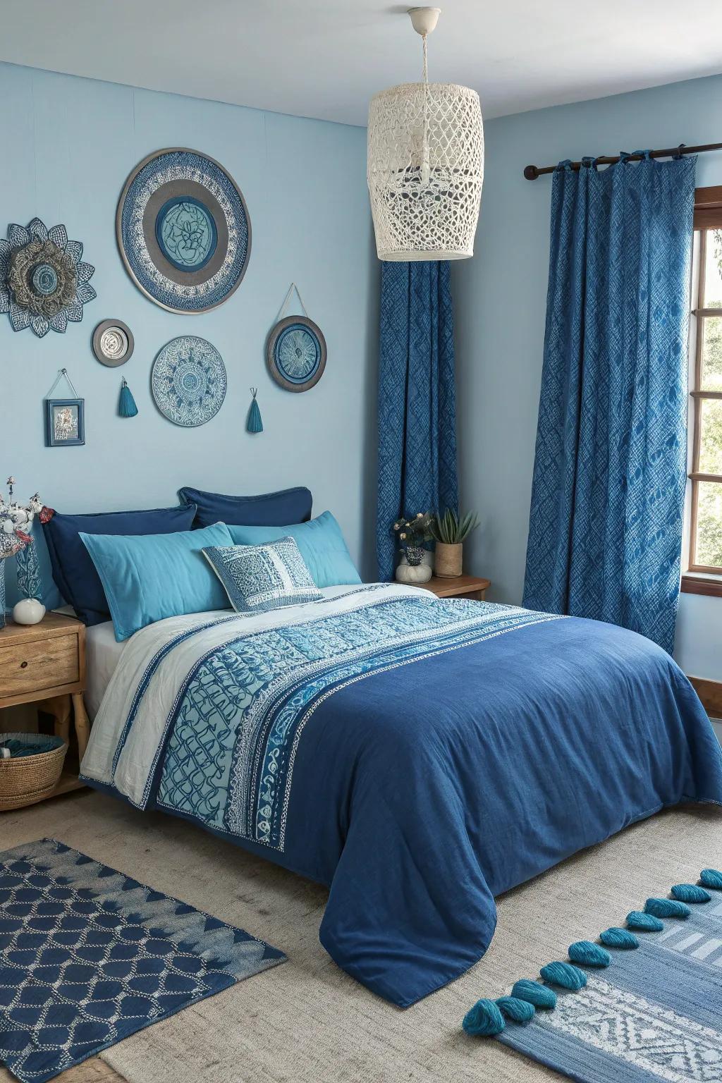 A bedroom displaying multiple shades of blue, creating a cohesive and dynamic design.