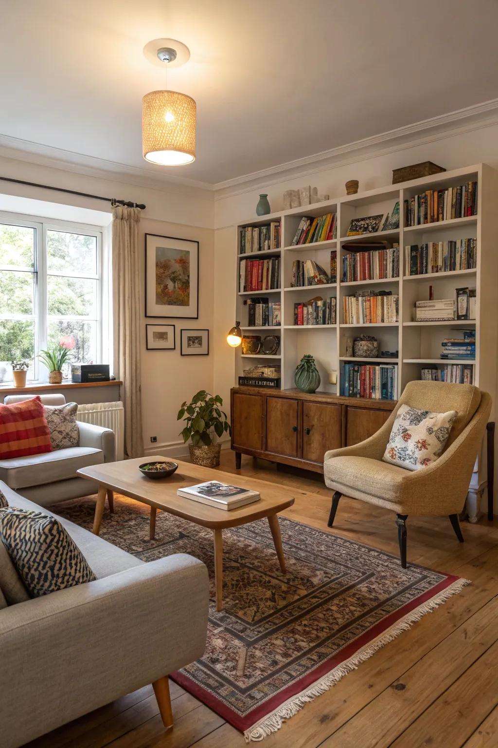 An eclectic mix of furniture styles in a living room with light wood floors, creating a unique and inviting space.