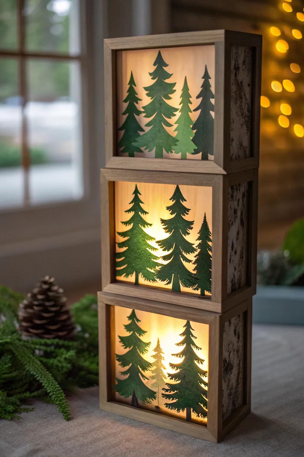 A radiant 3D woodland nestled within a shadow box