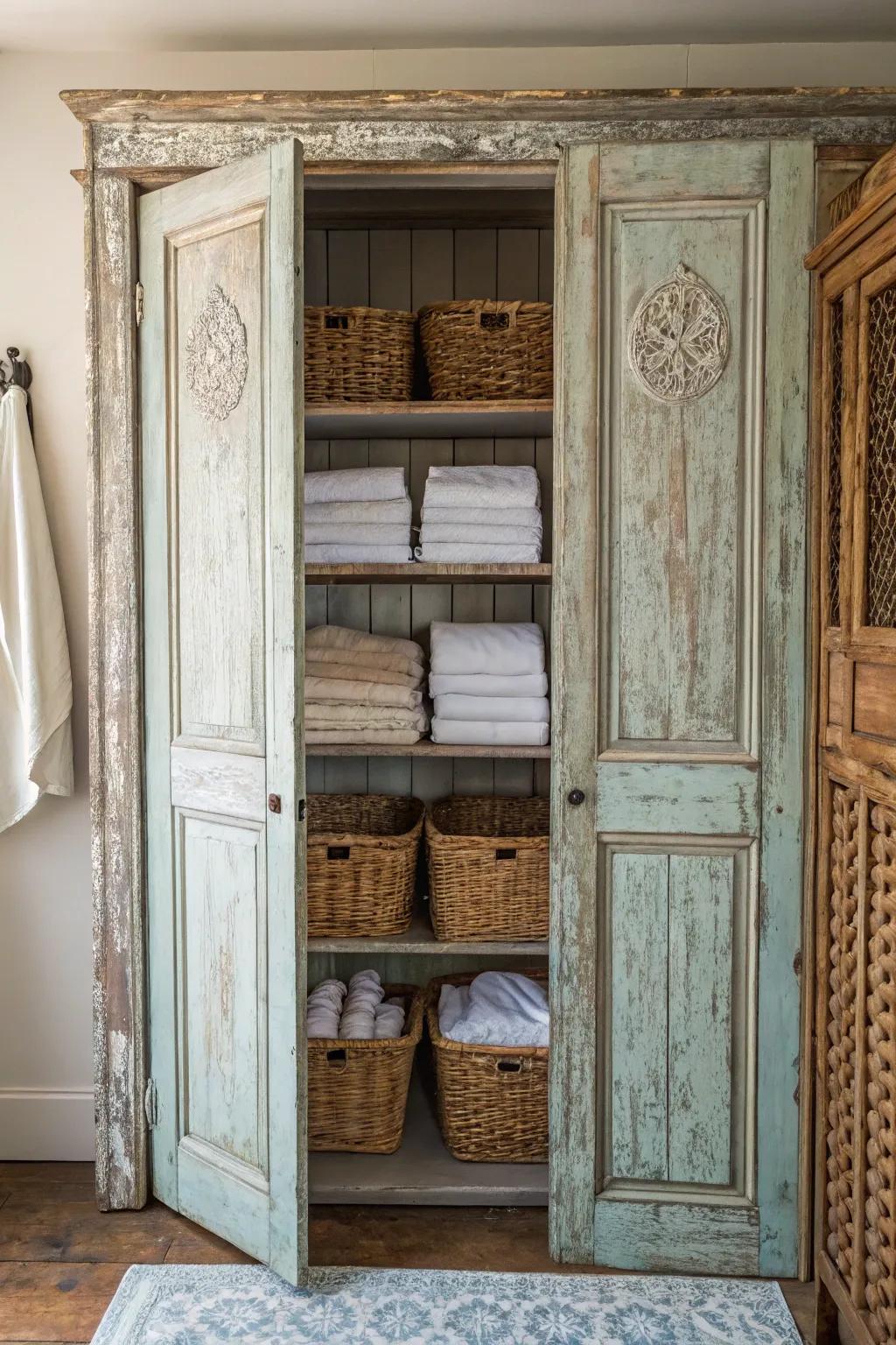 Reused panels provide a distinctive and captivating charm to a linen closet.