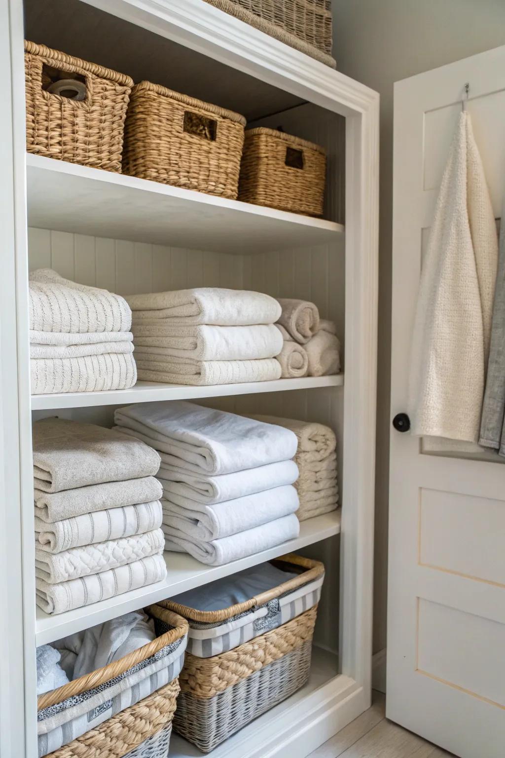 Coordinating baskets shape a unified and neat feel inside a linen closet.