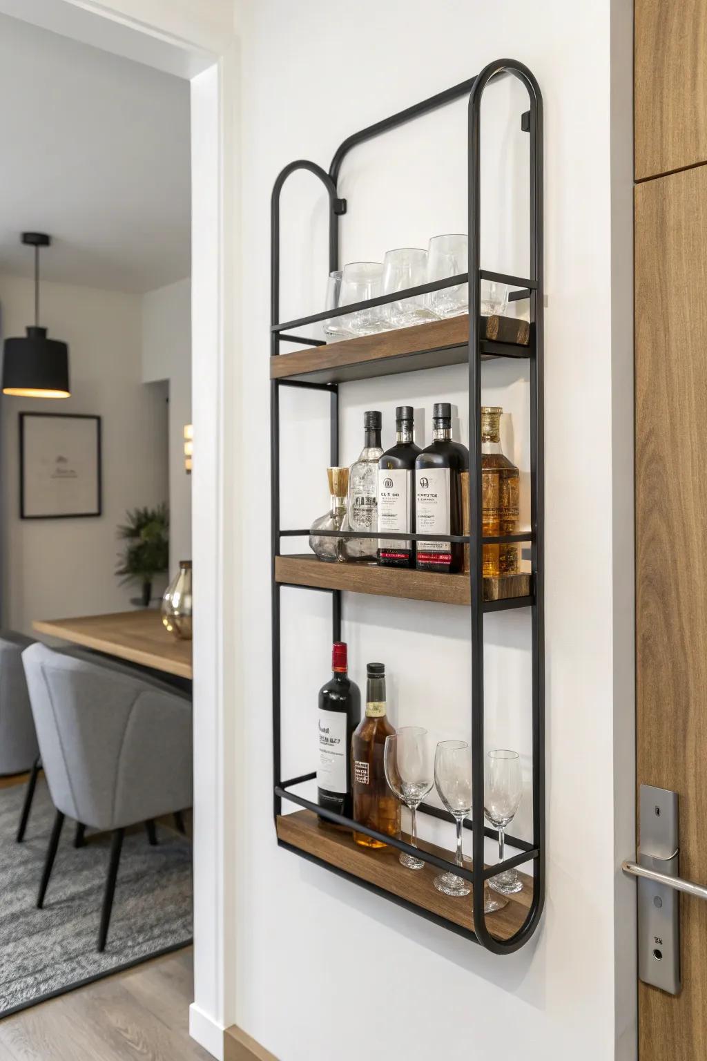 Minimalist appeal with a wall-mounted liquor rack.