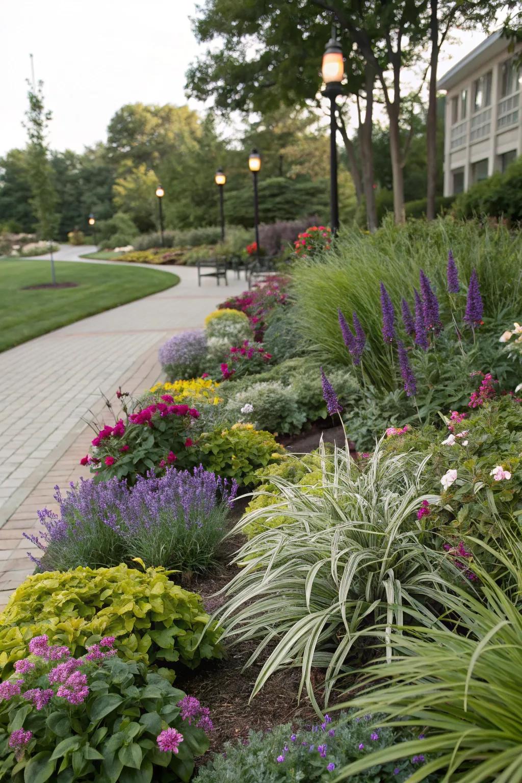 A vibrant garden featuring liriope harmoniously mixed with shrubs and flowers.