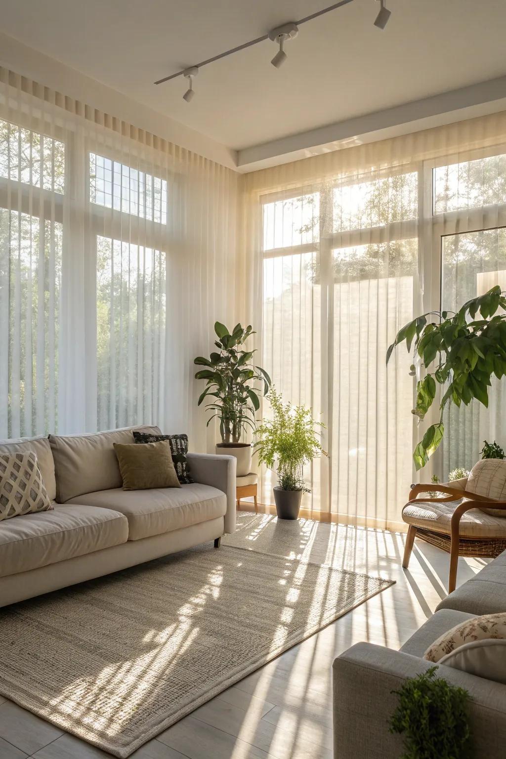 Sheer blinds offer a light and airy ambiance.