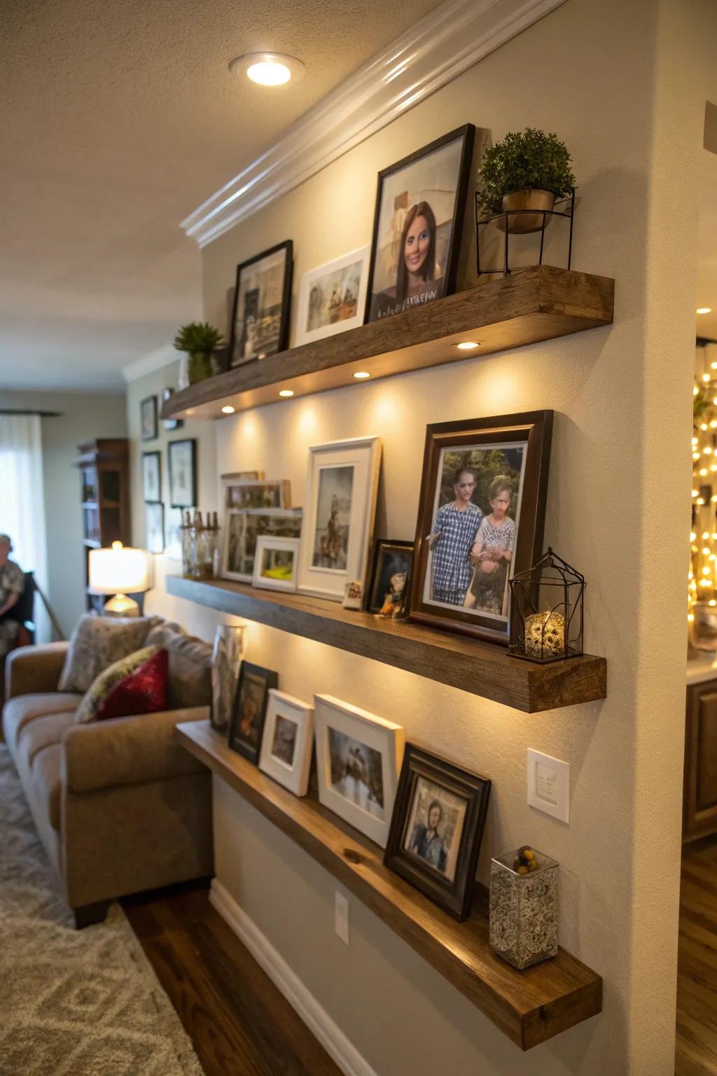 Incorporate a distinctive feel using family photos exhibited upon shelves.