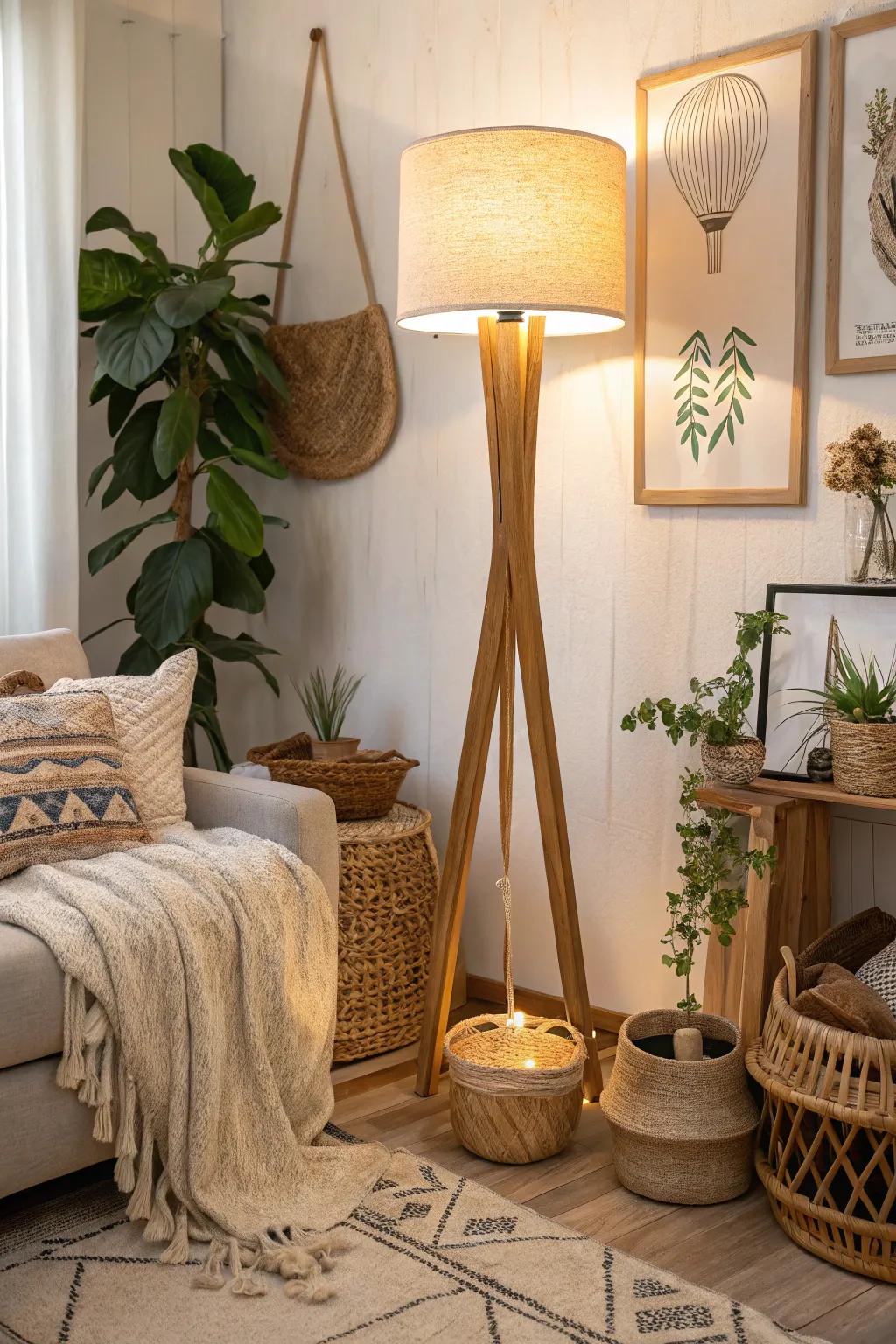A cozy family room featuring a wood standing lamp with natural decor elements.