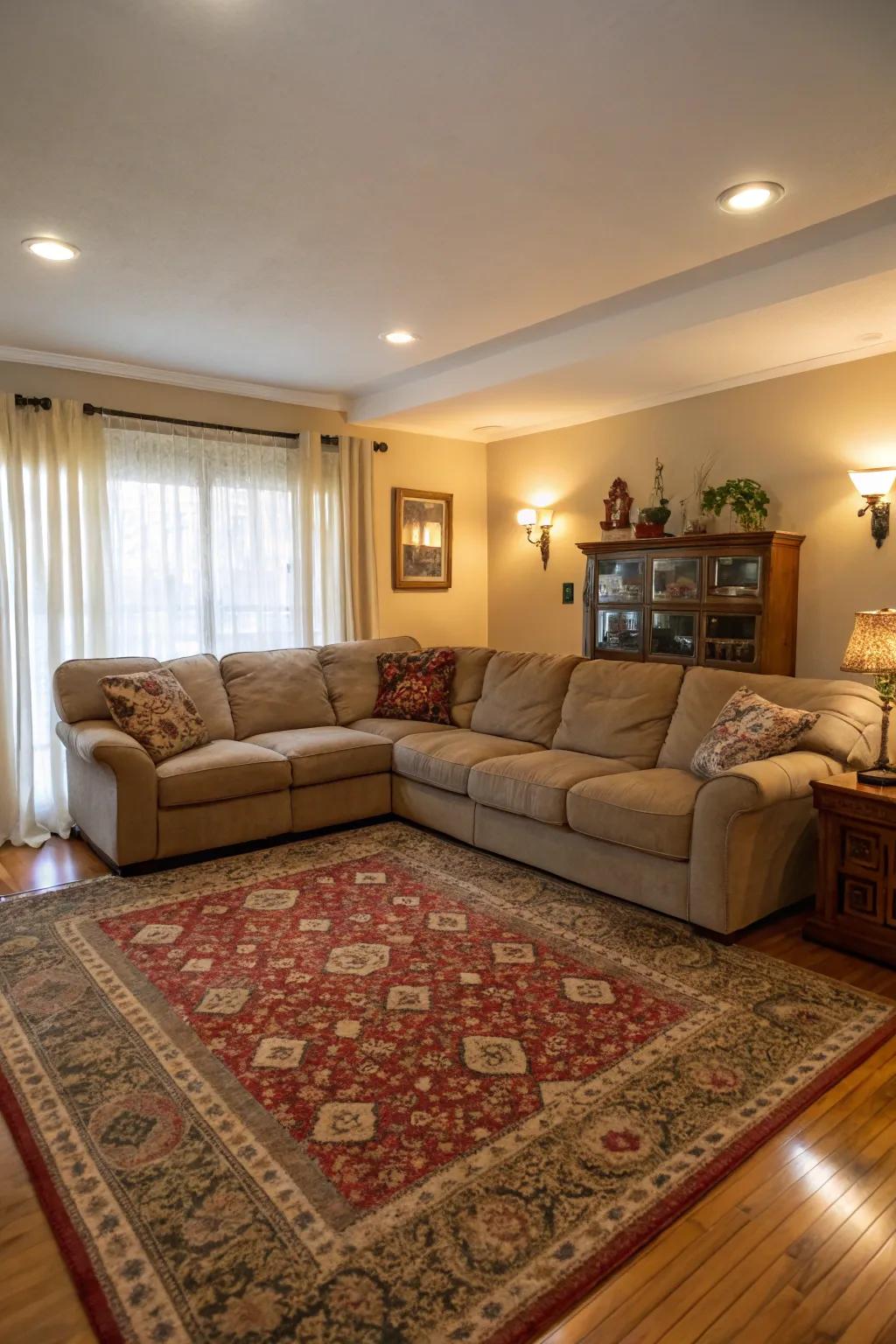 A rug grounds the sectional, adding warmth and visual appeal.