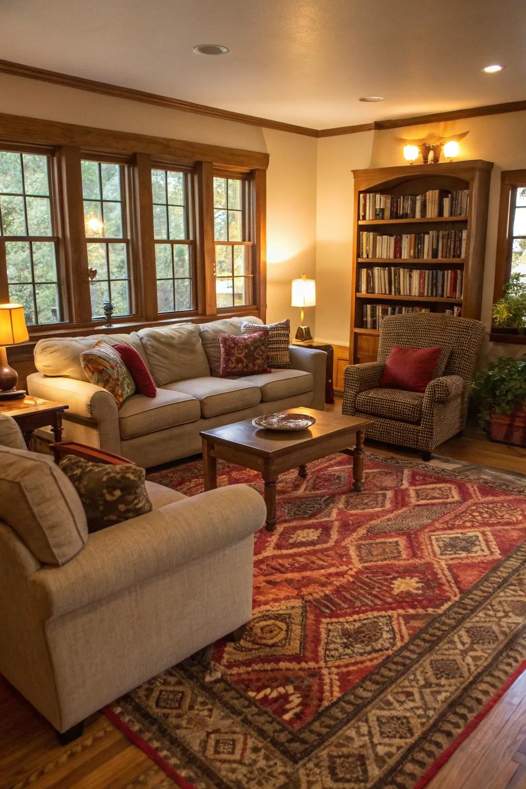 A textured floor covering imparts warmth and fashion to the living space.