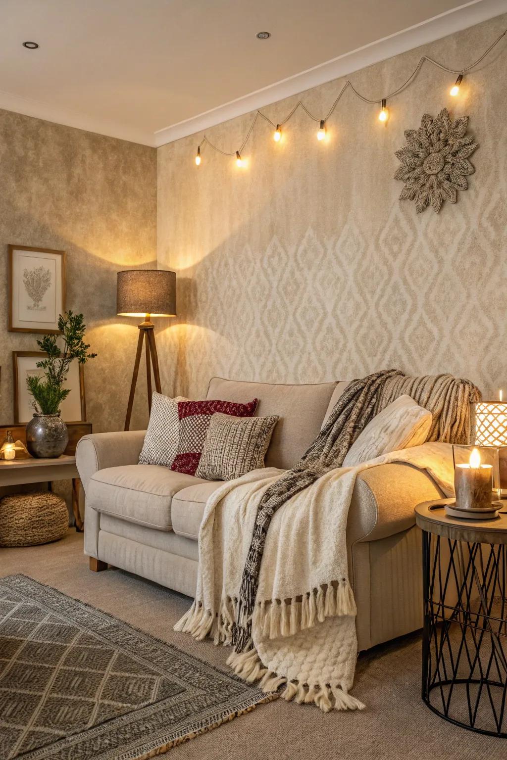 Textured walls introduce depth and coziness.