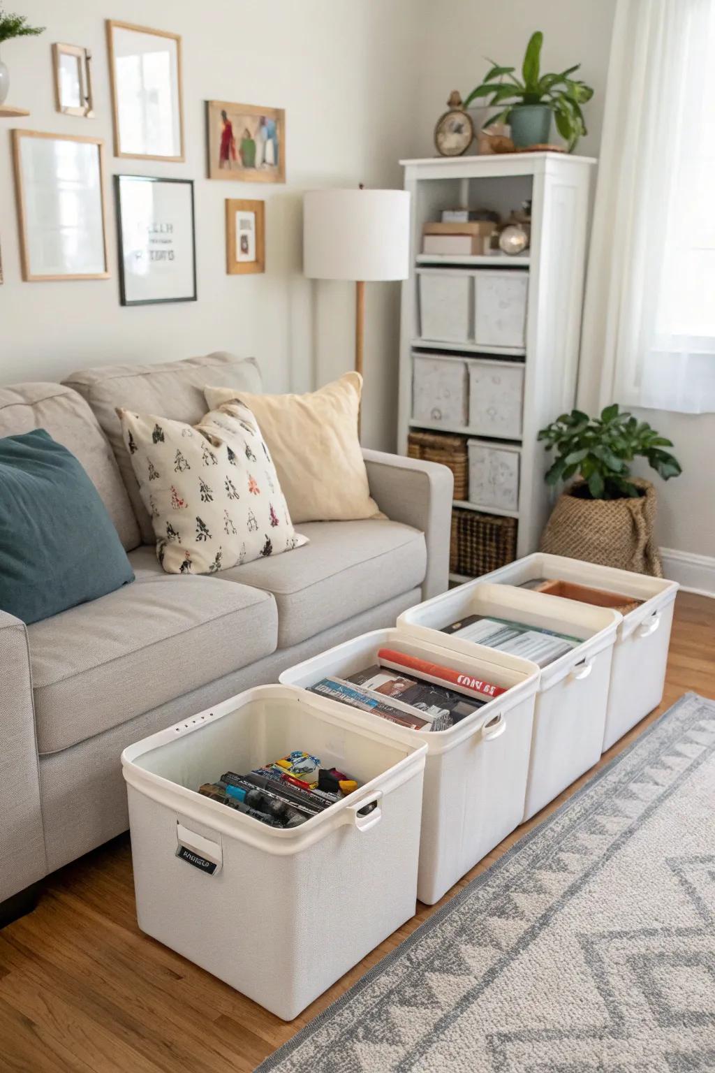Under-furniture storage bins keep toys out of sight.
