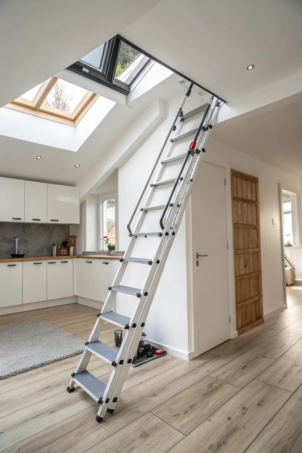 Folding loft ladder for easy storage.