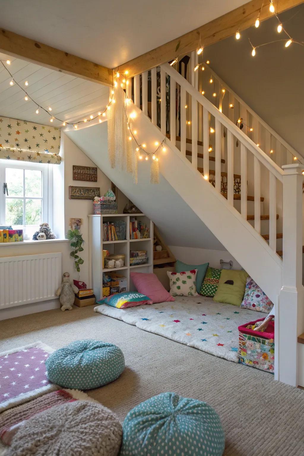 A covert refuge beneath the stairwell extends a snug hideaway.