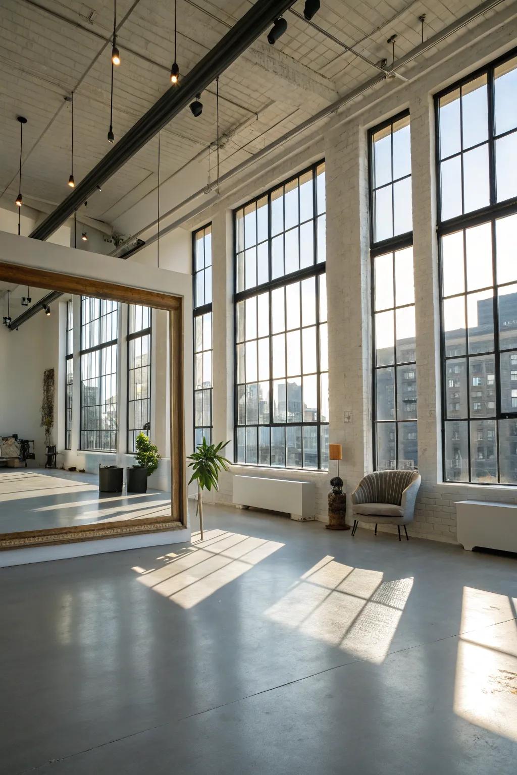 A sunlit loft that feels expansive and airy.