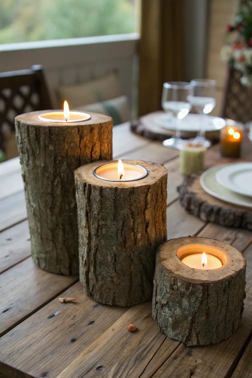 A warm, inviting scene with log candle holders.