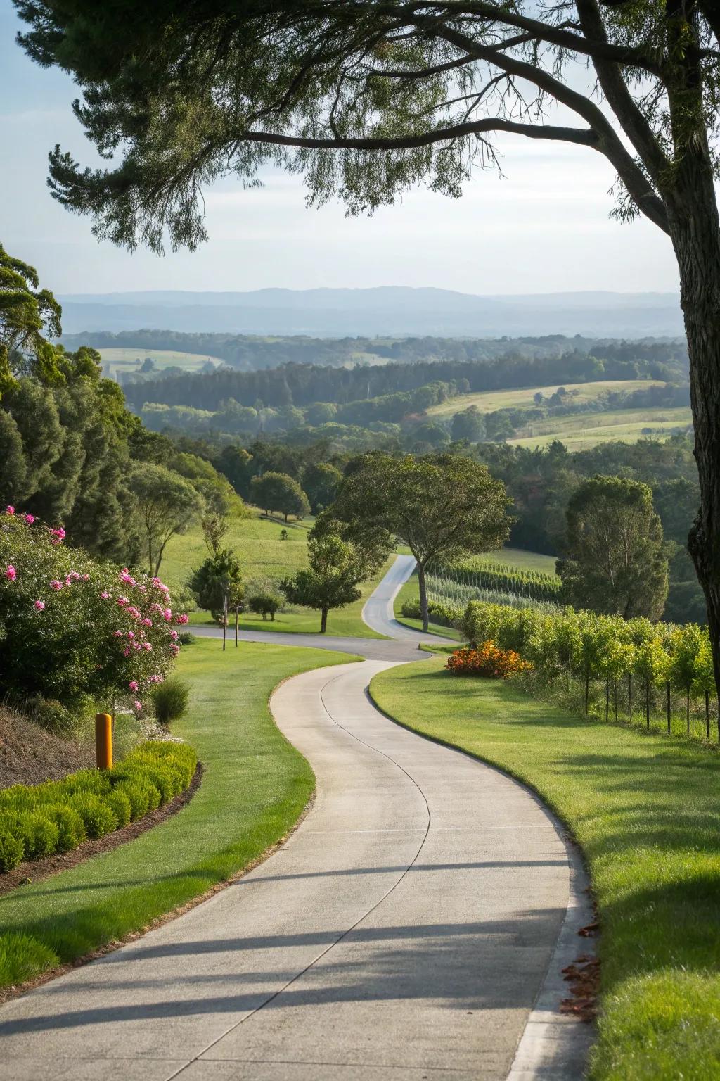 A curved driveway that entices with its elegant, winding path.