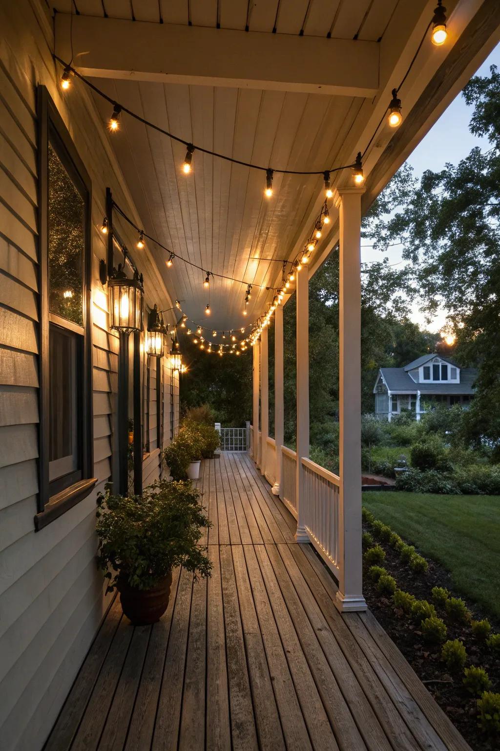 Stylish lighting alters the mood of a long porch, perfect for nighttime gatherings.