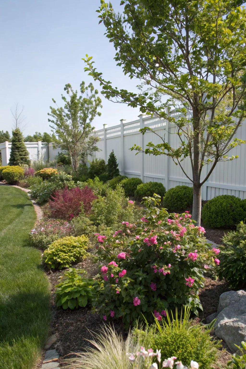 Bushes and trees structure a perennial-filled garden.