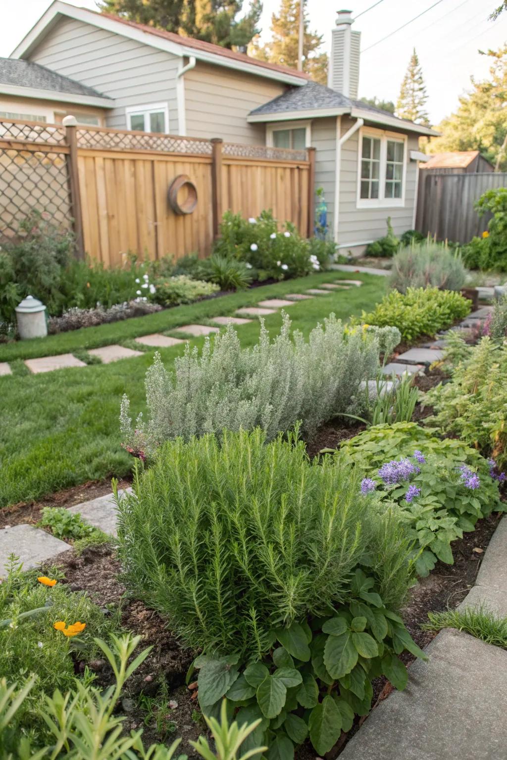 A flourishing garden dotted with flea-resistant rosemary and sage.