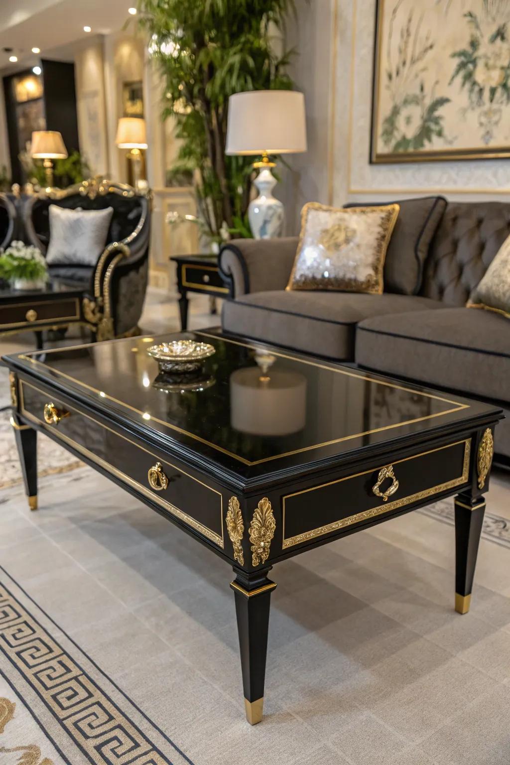 A refined onyx center table accented with glimmer details.