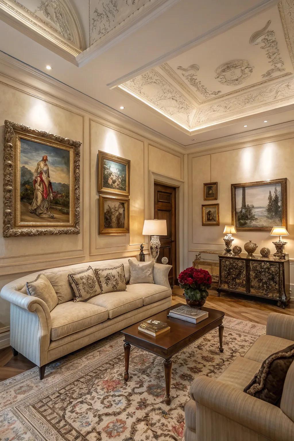 Elegant artwork enriches the sophistication of this living space.