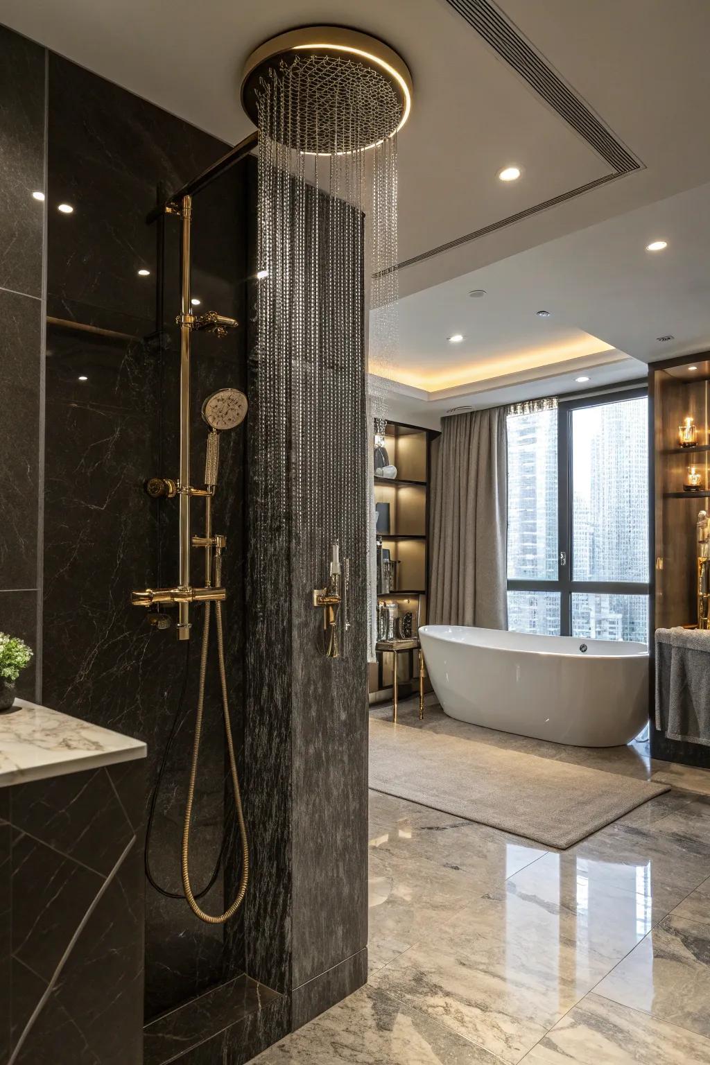 A deluxe bathroom featuring premium components, including a rainfall shower.