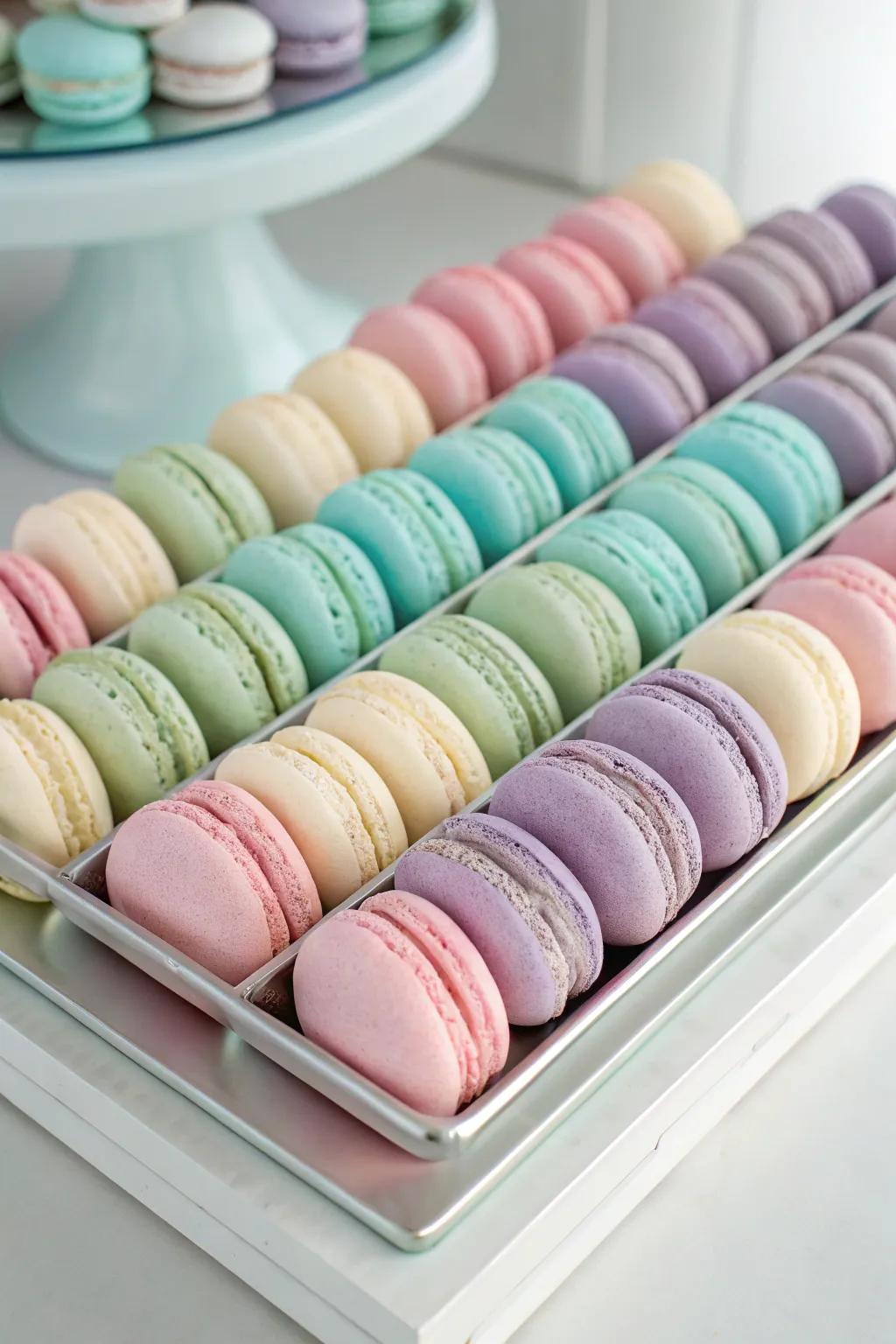 Macarons with matching colors in soft tones.