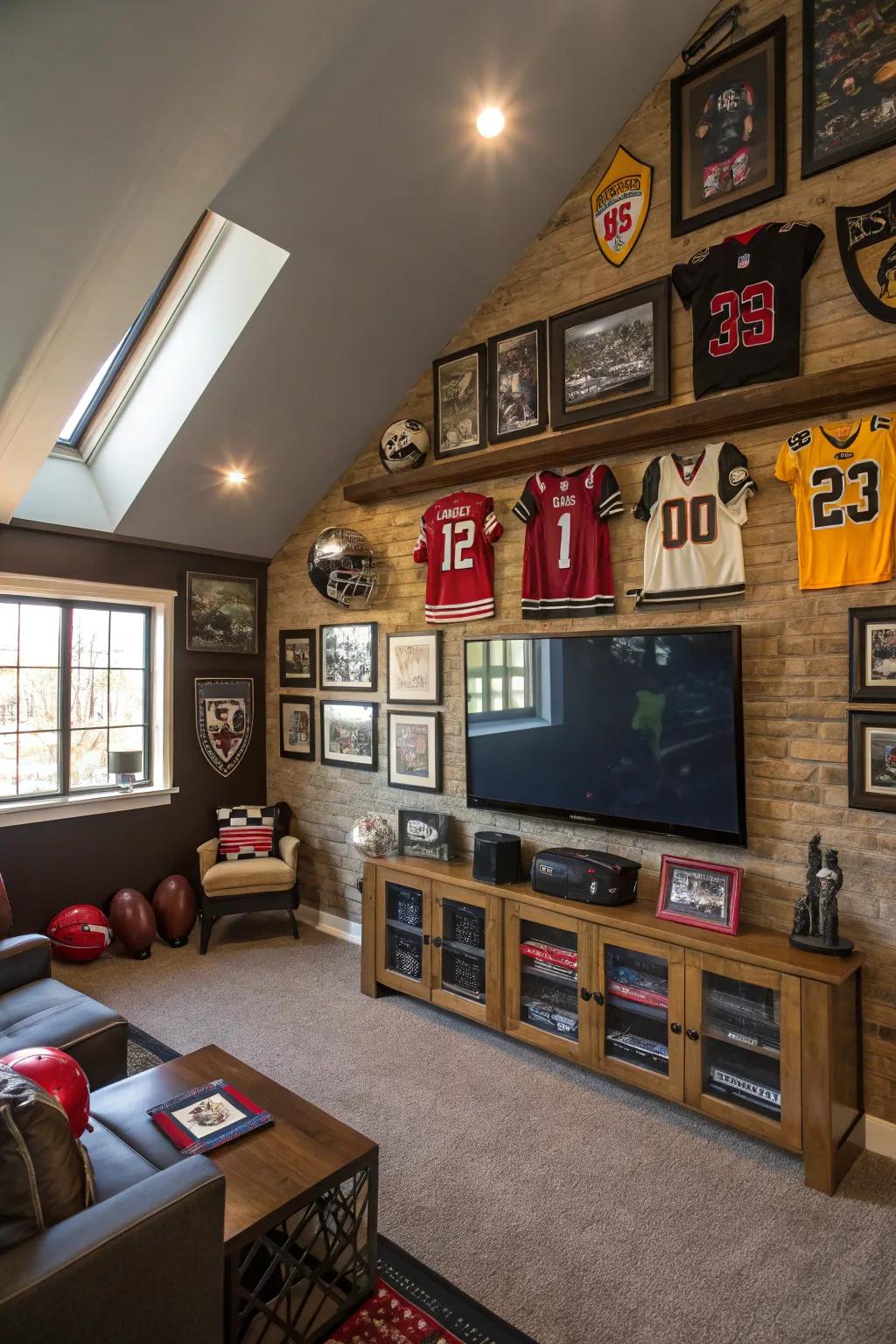A sports fan's dream loft, complete with memorabilia and a big screen for game day.