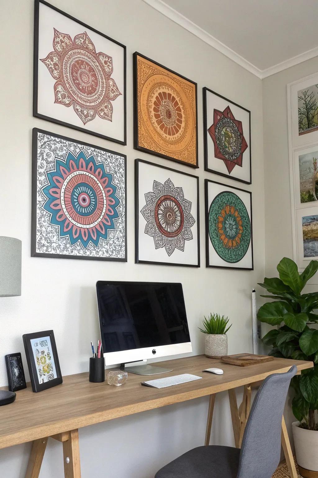 Framed virtual mandala designs adding a modern touch to a home office.
