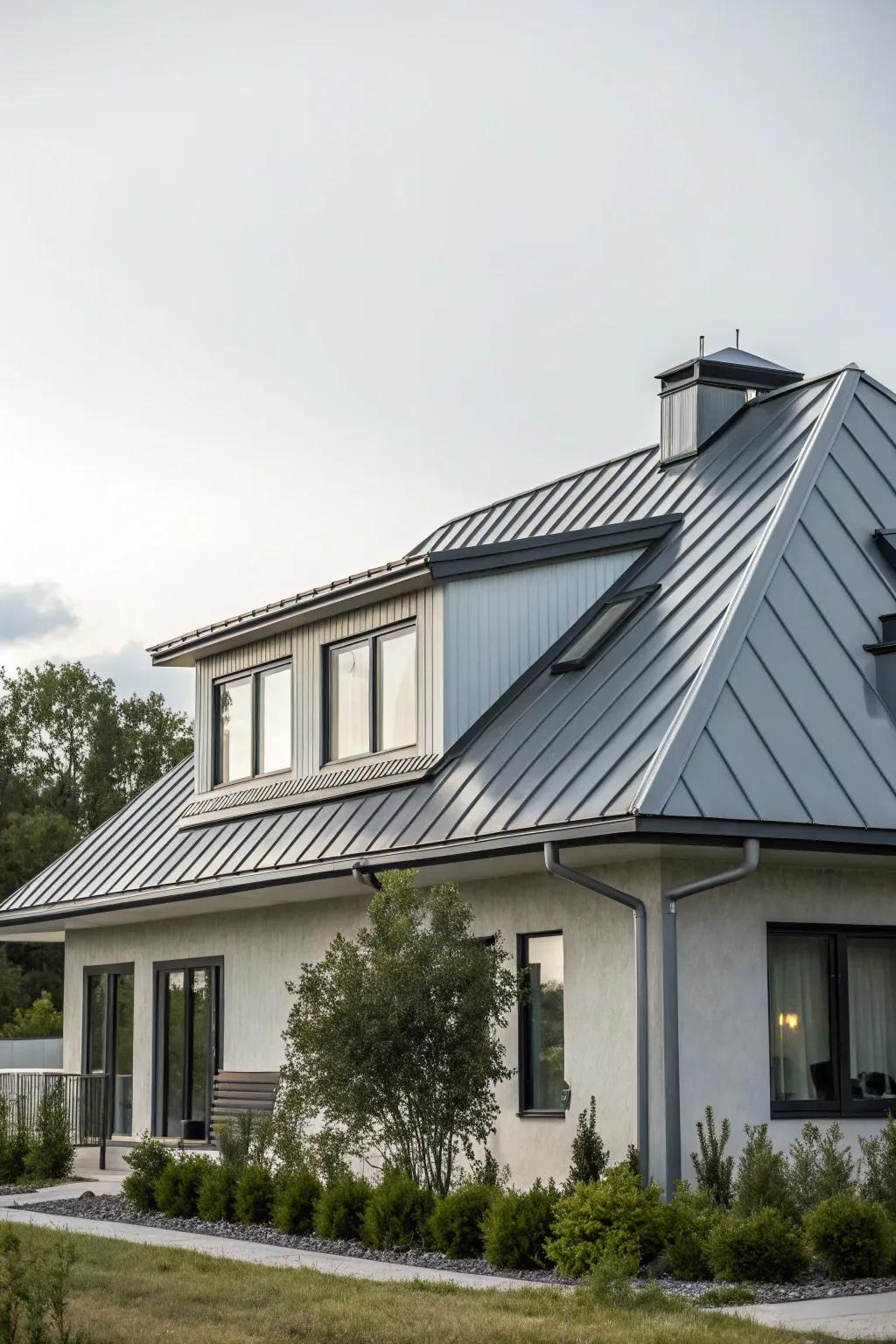 Sharp metal roofing introduces a contemporary sophistication to this mansard roof.