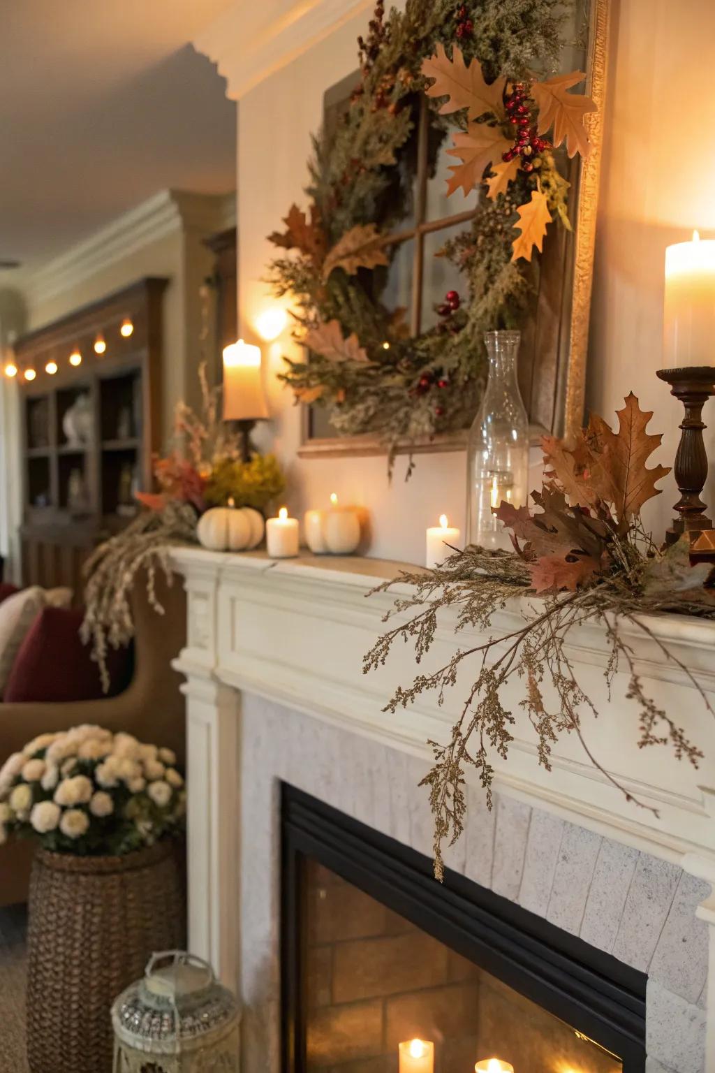 Seasonal touches contribute understated charm and variety to this mantel.