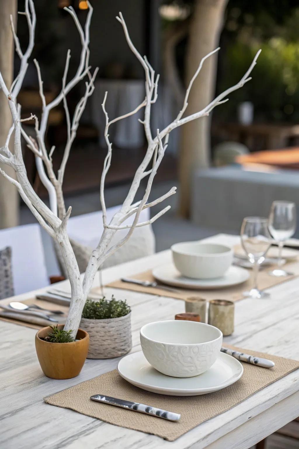 Minimalist elegance achieved via ivory-enameled manzanita limbs.