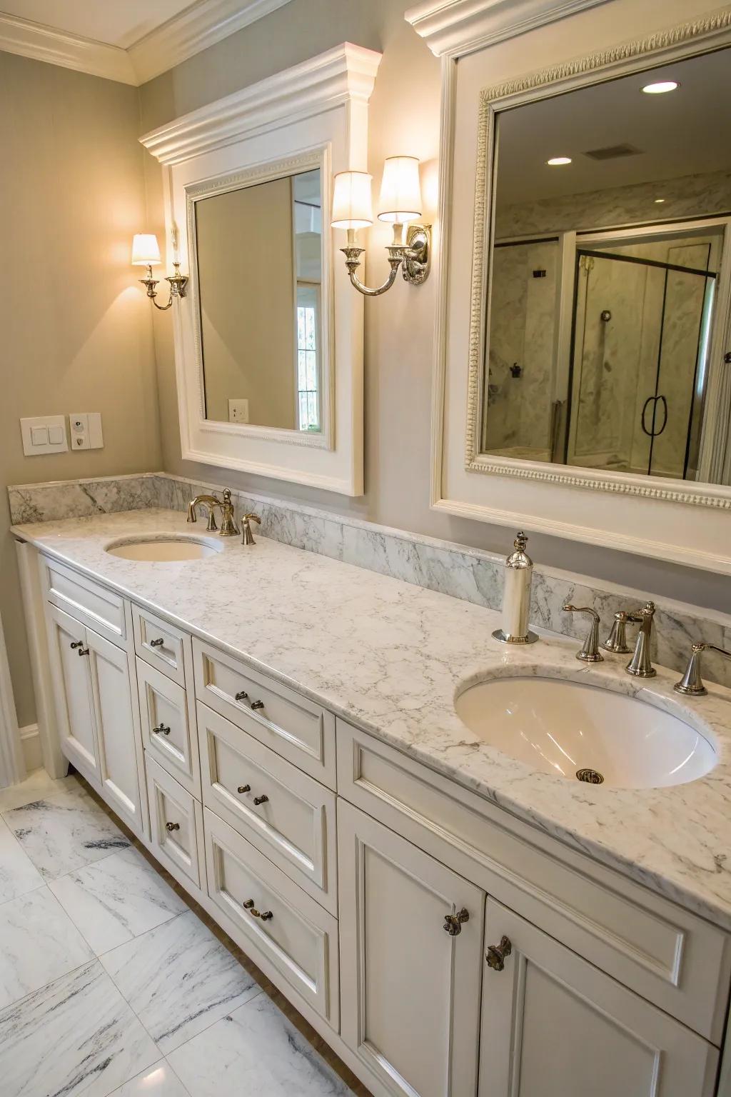 Dual sink vanities blend style and function with a marble surface.